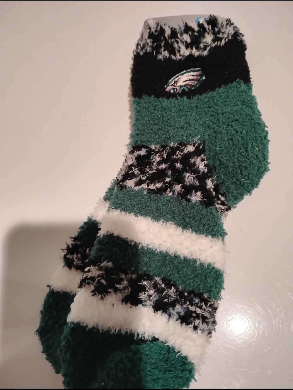 Fuzzy Men's Crew Socks in Green and White with Team Logo